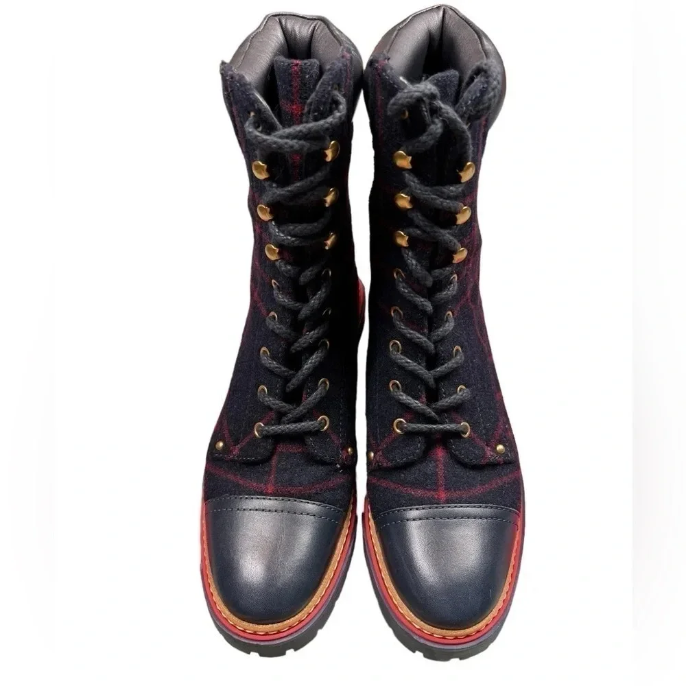 Tory Burch Womens Boots Miller 60MM Checked Wool Calf Leather Navy Size 8